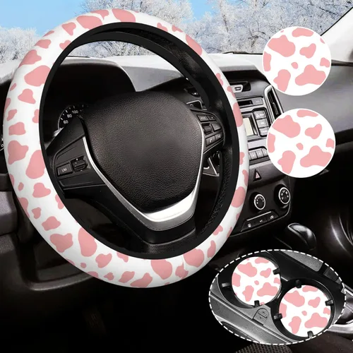 Miniatura 6 de Funda para volante de camuflaje verde para mujeres y hombres con 2 posavasos de automóvil, fundas universales de 14.5 a 15 pulgadas, accesorios