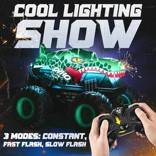 Miniatura 4 de BEZGAR Monster Truck Toys - Camión monstruo de control remoto con luz y música, juguetes de dinosaurios para niños, camión RC a escala 1:20 con Verde