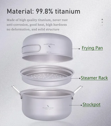 Miniatura 4 de iBasingo Juego de olla de vapor de titanio de 1.8 L y sartén para freír olla ultraligera portátil para acampar al aire libre mochilero cocina hogar