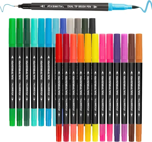 FIXSMITH 24 marcadores de pincel para libros de colorear para adultos, marcadores de colorear para adultos, bolígrafos de doble punta para