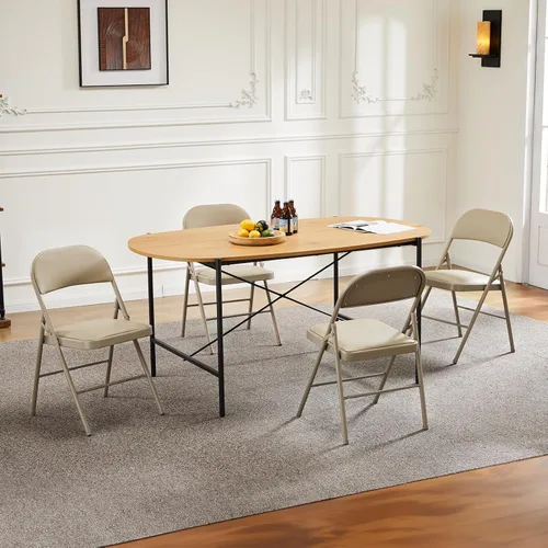 Miniatura 8 de DUMOS Paquete de 2 sillas plegables acolchadas de cuero, asiento comercial apilable portátil para interiores y exteriores con marco de acero, Caqui