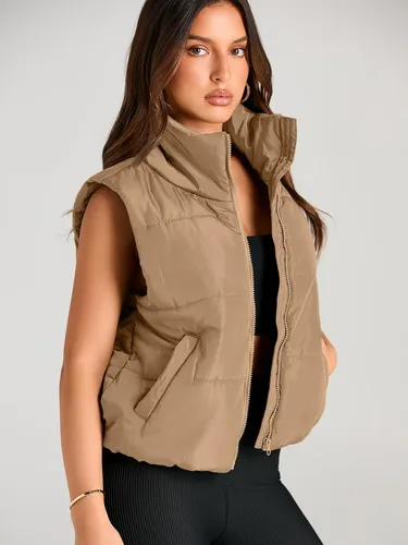 Miniatura 6 de AUTOMET Chaleco acolchado para mujer, sin mangas, para invierno, ropa de abrigo, cálida, acolchada, ligera, cuello alto, con bolsillos