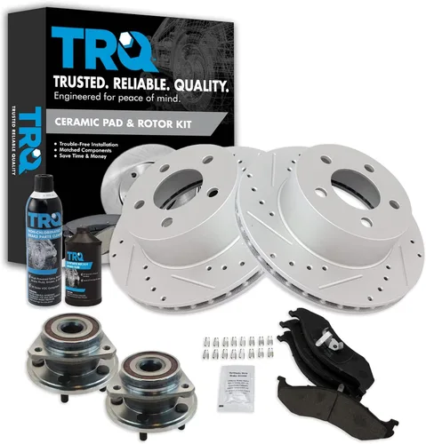 TRQ Kit de pastillas de freno delantero y rotor de cerámica con revestimiento en G ranurado X perforado compatible con Jeep Cherokee 1990-1998