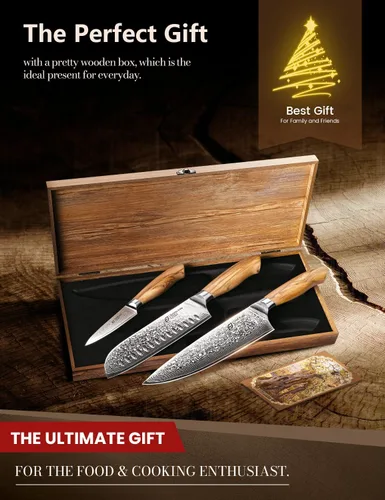 Miniatura 2 de Juego de cuchillos de cocina de Damasco Emojoy, 3 piezas de cuchillos de chef japoneses, cuchillo de 67 capas de Damasco con mango de madera