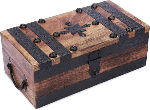 Miniatura 9 de Ajuny Cofre del tesoro de madera hecho a mano, caja de recuerdo vintage y joyería con tiras de concha, almacenamiento de regalo multiusos