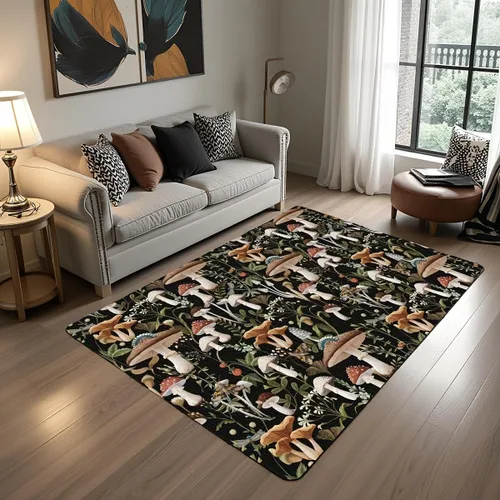 Alfombra de hongos de 4 x 5, alfombra rústica de plantas de hongos salvajes coloridos, alfombra de suelo de madera de acera estilo granja, alfombra