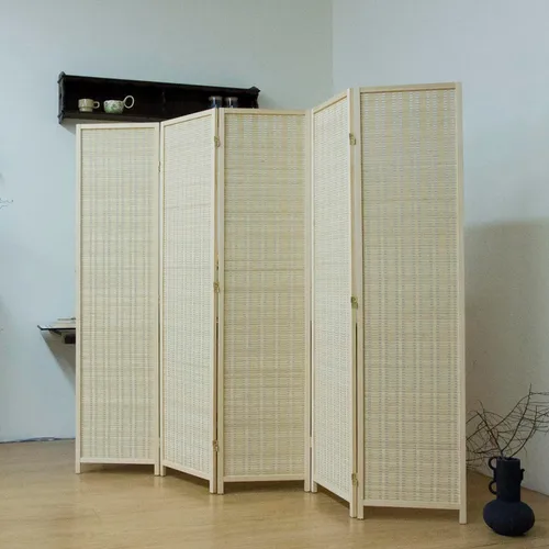 Miniatura 13 de Divisor de habitación de bambú de 3 paneles, pantalla de privacidad plegable beige de 5.6 pies de alto, pared de división independiente de doble