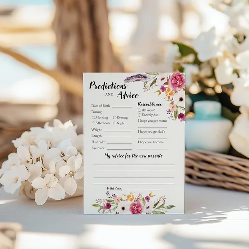 Miniatura 4 de BOHO - Tarjetas de predicción y consejos – Paquete de 25 – Juegos de baby shower BOHEMIAN Pink GIRL, deseos florales para nuevos padres, mamá y papá