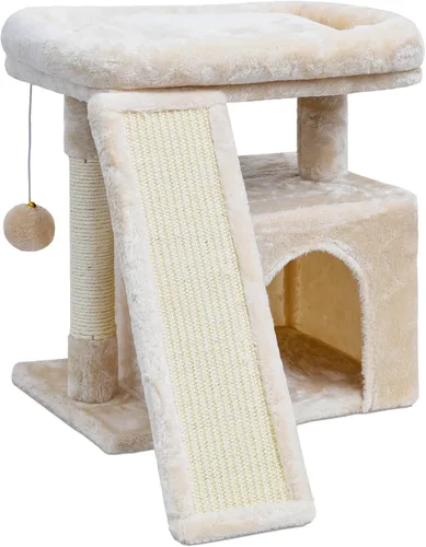 Árbol pequeño para gatos de interior, torre para gatos con poste para arañar, percha y acogedor condominio para gatitos y mascotas adultas (beige)