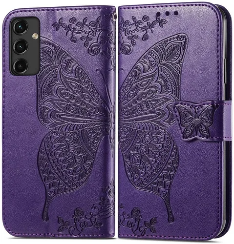 Miniatura 4 de Funda para teléfono Galaxy A14 5G, cartera con tapa para mujer, de piel sintética en relieve de mariposa con tarjeteros de crédito, correa de Púrpura