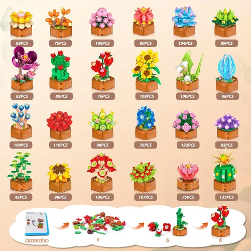 Miniatura 8 de CUBIMANA Juego de 24 flores y suculentas, 2160 piezas, colección botánica de 0.142 in, kit de mini flores para decoración del hogar, juguetes