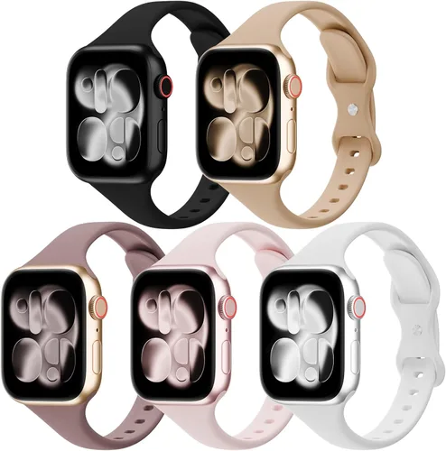 Paquete de 5 bandas de silicona delgadas compatibles con Apple Watch de 38mm 42mm 40mm 44mm 41mm 45mm 46mm 49mm, correa deportiva estrecha y delgada