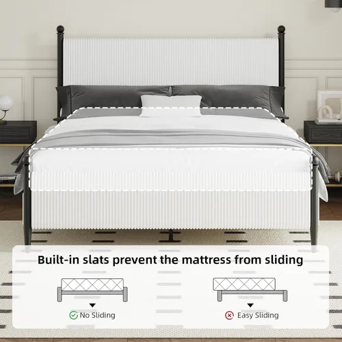 Miniatura 6 de BarnFurin Base de cama tamaño matrimonial con cabecero, cama tapizada de plataforma de metal con terciopelo de pana y listones de madera, diseño