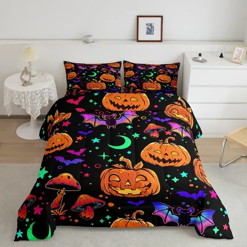 Miniatura 49 de Erosebridal Juego de ropa de cama de murciélago de Halloween, tamaño individual, juego de edredón de estrellas con purpurina y galaxia para niños