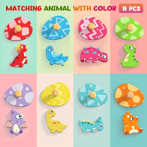 Miniatura 3 de Zeoddler Rompecabezas de madera para niños pequeños, 8 piezas de rompecabezas de huevo de dinosaurio a juego, juguetes Montessori para niños