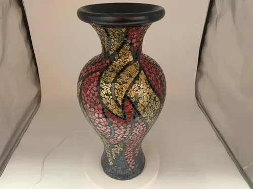 Miniatura 4 de Jarrón de mosaico de 24 pulgadas, cilindro alto hecho de terracota con piezas de mosaico de vidrio rojo, dorado y negro, pieza decorativa hecha a