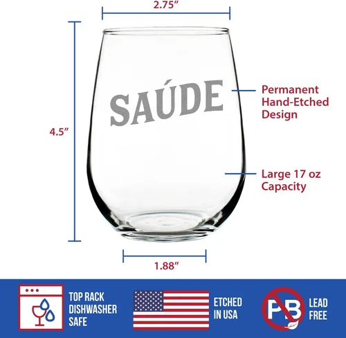 Miniatura 4 de Custom Saude - Portuguese Cheers - Personalized Stemless Wine Glass - Portugal Themed Gifts or Party Decor for Women - Large - Customized Wine Glass