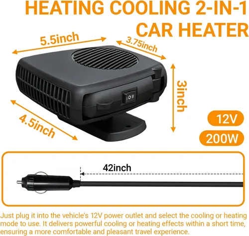 Miniatura 4 de Calentador y ventilador de coche de 12 V 200 W, descongelador portátil de modo dual, giratorio de 360° para desempañar el parabrisas del calentador