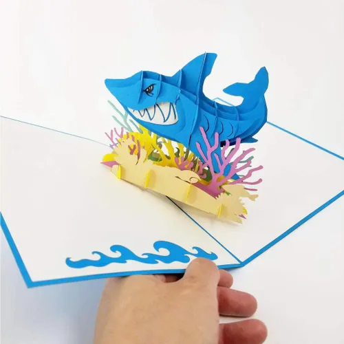 Miniatura 4 de Tarjeta desplegable de tiburón blanco, tarjeta de felicitación emergente 3D – Tarjeta desplegable de cumpleaños en el océano, felicitaciones