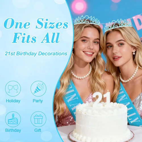 Miniatura 4 de CAVETEE Diadema de cumpleaños para mujer, decoraciones de cumpleaños número 21, banda y corona para fiesta de 21 años (azul, talla única)