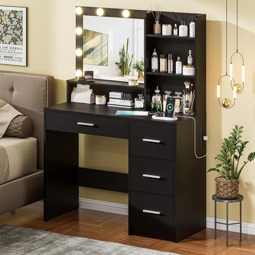 Miniatura 4 de Escritorio de tocador con espejo iluminado, tocador negro con 4 cajones, tocador de maquillaje con estantes de almacenamiento y toma de corriente