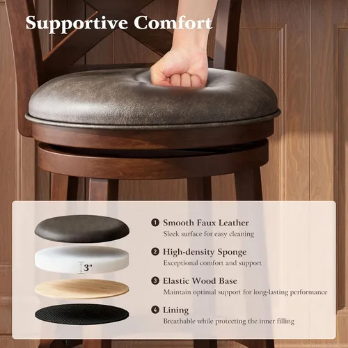 Miniatura 5 de ALPHA HOME Taburetes de bar giratorios con respaldo, 26 pulgadas, juego de 2, taburetes de bar de madera, sillas de bar de 360 grados con patas