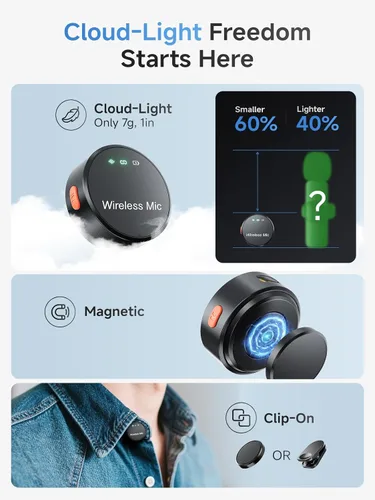 Miniatura 6 de BILIWAL Micrófono Lavalier inalámbrico para iPhone 15/16 y Android y PC, micrófono magnético de solapa con clip con cancelación de ruido de 2.4G