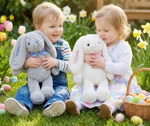 Miniatura 3 de DIBSIES Hoppity Floppity Bunny personalizado de 18 pulgadas (conejito gris con pajarita azul)