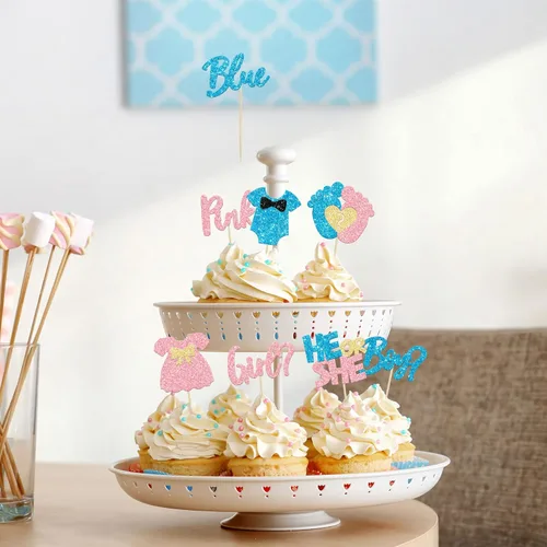 Miniatura 4 de 24 piezas de decoración para cupcakes para niños o niñas, pies con purpurina, vestido de revelación de género, selecciones de cupcakes, decoraciones