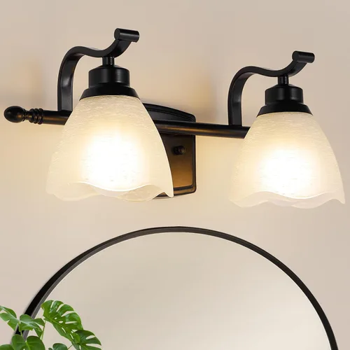 Lámparas de baño (2 luces, 38 cm), luces de tocador mate negras para baño con pantalla de vidrio esmerilado blanco, luces de pared modernas para