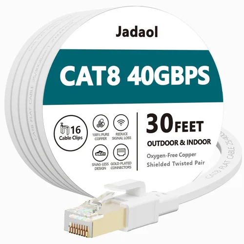 Jadaol Cable Ethernet Cat 8 de 30 pies, 40 Gbps 2000 MHz RJ45 S/FTP LAN, cable de red Cat8 de alta velocidad para router, módem, interruptor, Blanco