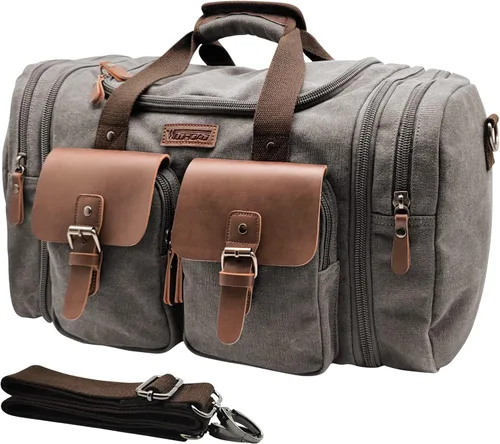 Miniatura 8 de Wildroad Bolsa de viaje de lona de 50L, bolsa de lona expandible de cuero genuino, bolsa de fin de semana mejorada para una noche, bolsa de mano