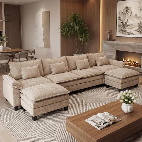 Miniatura 32 de URRED Cloud Couch Sofá Seccional Modular, Sofá Moderno en Forma de U de Asiento Profundo de 157", con 2 Otomanas y Almohadas, Sofás de Chenilla Azul