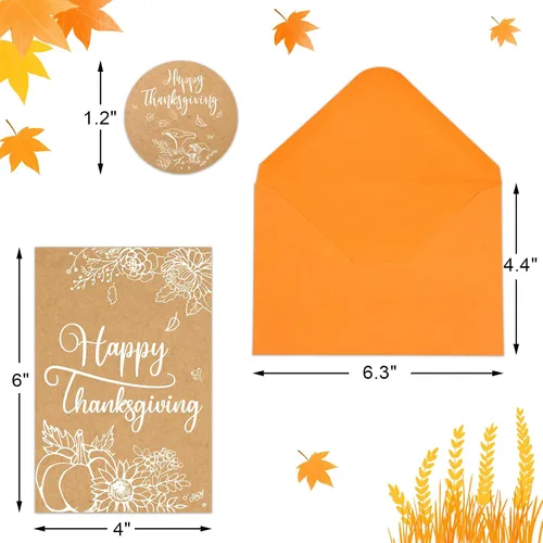 Miniatura 3 de WorldBazaar Tarjetas de felicitación de Acción de Gracias con sobres, 24 tarjetas de papel kraft de calabaza de otoño, suministros de fiesta