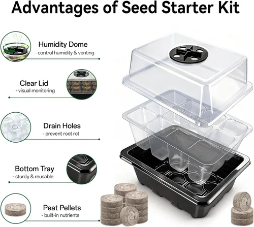 Miniatura 2 de Halatool Paquete de 4 bandejas de inicio de semillas con 50 pellets de turba, 48 celdas de color negro, bandejas de inicio de semillas para semillas