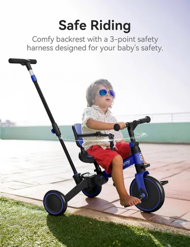 Miniatura 6 de besrey Bicicleta 5 en 1 para niños pequeños con mango de dirección para padres para niñas y niños de 1 a 3 años, triciclo plegable para niños, Azul