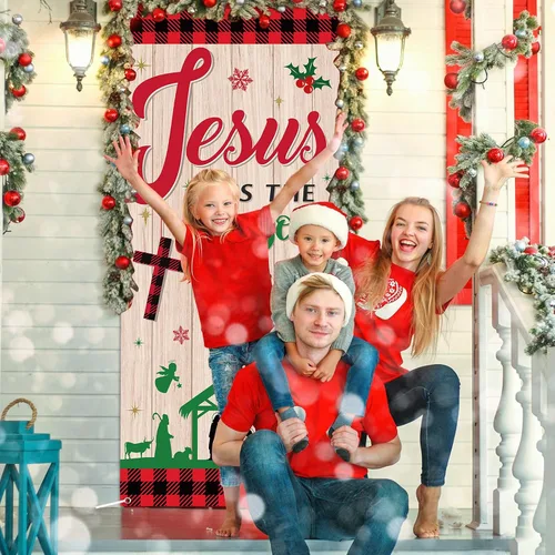 Miniatura 5 de Cubierta de puerta religiosa de Jesús de Navidad, telón de fondo para puerta de fiesta de Navidad con texto en inglés «Jesús es la razón