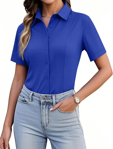 Miniatura 9 de Siliteelon Camisetas de Botón para Mujer, Ajustadas, de Manga Corta, Elásticas, Camisa de Vestir, Sin Arrugas, Sólida, Blusa de Trabajo