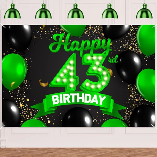 Miniatura 94 de Cartel de feliz cumpleaños 26 verde y negro, telón de fondo con texto en inglés "Cheers to 26 years old confeti", globos de confeti, decoración