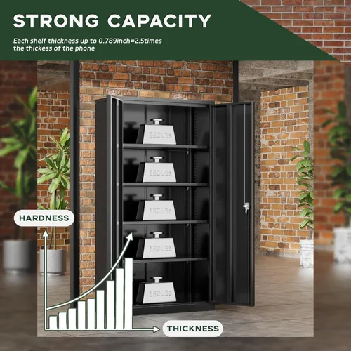 Miniatura 5 de Greenvelly Armario de almacenamiento de metal para garaje con puertas y estantes ajustables, gabinete de archivo de acero negro con cerradura de 72
