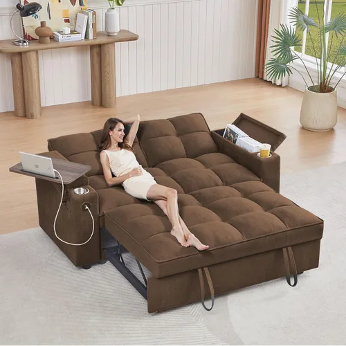 Miniatura 25 de hansones Sofá cama extraíble multifuncional de 66 pulgadas con mesa auxiliar oculta, reposabrazos de almacenamiento, puerto de carga integrado