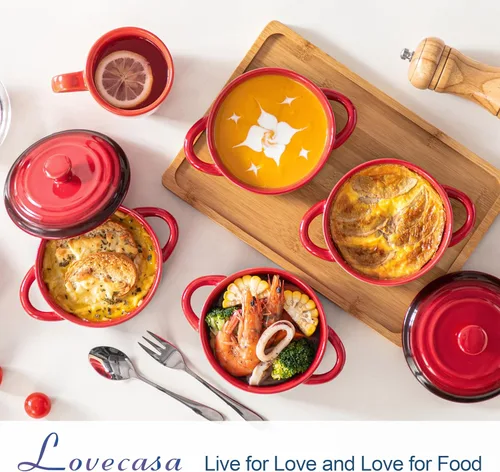 Miniatura 2 de LOVECASA Set Mini Cocotte, platos pequeños de cacerola de 12 oz con tapas, tazones de sopa con asas, ramequines de horneado individuales, aptos