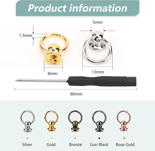 Miniatura 2 de 50 remaches de cabeza redonda con tornillo con destornillador para manualidades, cinturones de cuero, bolsos, teléfono, Cas (dorado)