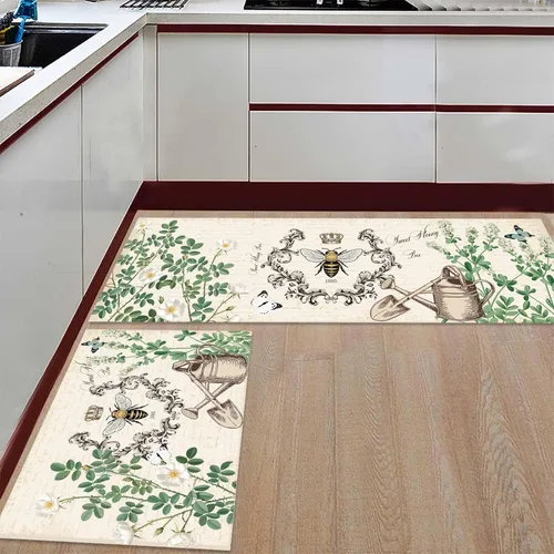 Miniatura 2 de T&H XHome Juego de 2 alfombras de cocina, diseño vintage de abejas de miel, girasol, antideslizantes, parte trasera de goma, tapetes acolchados