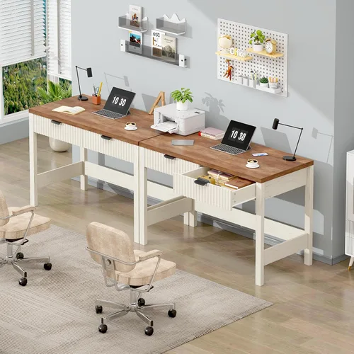 Miniatura 8 de YOMILUVE Escritorio estriado para computadora con 2 cajones, escritorio pequeño de computadora de 39 pulgadas con almacenamiento, escritorio Blanco