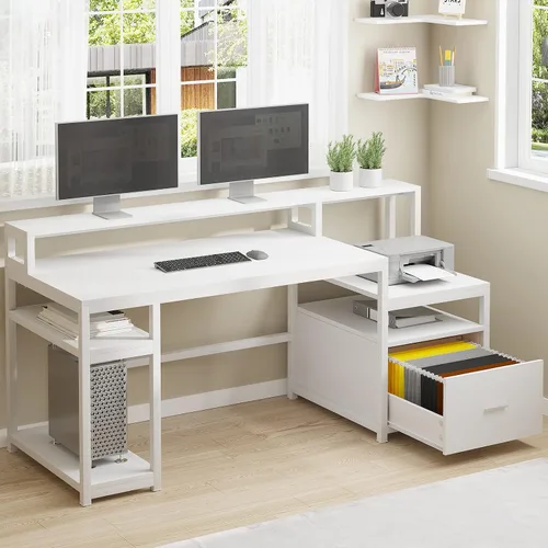 Miniatura 13 de SEDETA Escritorio para oficina en casa con cajón de archivos y toma de corriente, escritorio grande para computadora de 75' con 5 cajones, estantes