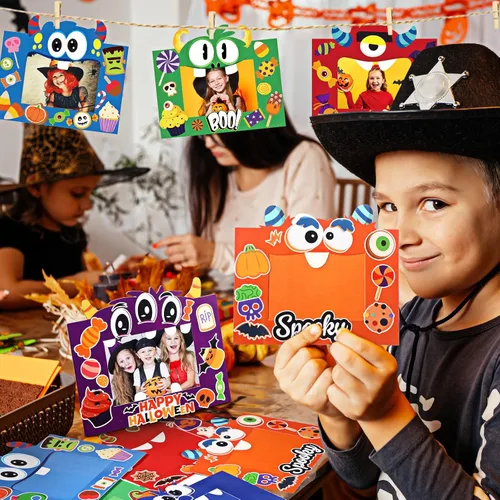 Miniatura 5 de Funrous 24 piezas de marcos de fotos kits de manualidades de papel de Halloween tema de dibujos animados marco de fotos DIY kits de manualidades