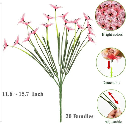 Miniatura 7 de Kinisty 20 paquetes de flores artificiales para exteriores, resistentes a los rayos UV, con flores de seda sintética rosadas y plantas de plástico