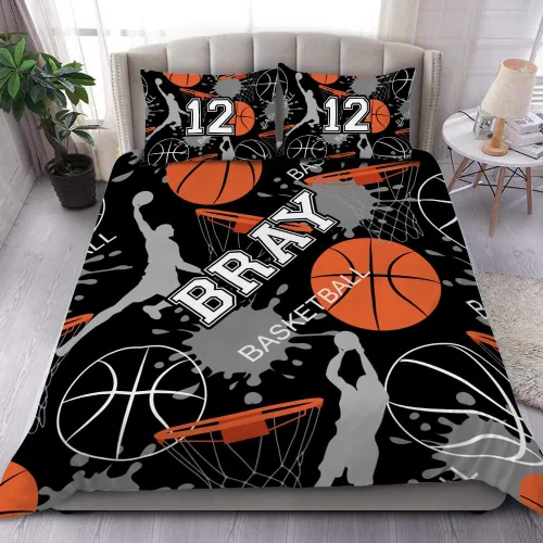 Miniatura 14 de Juego de ropa de cama personalizado de baloncesto tamaño individual, edredón deportivo personalizado con nombre y número para habitación de niños
