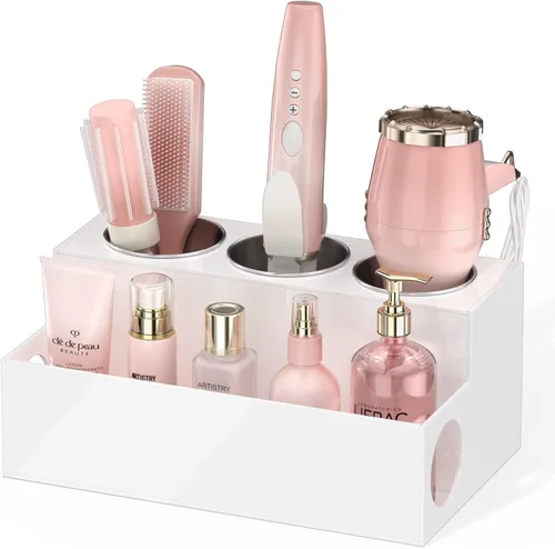 Miniatura 12 de NIUBEE Organizador de herramientas para el cabello, secadora de pelo acrílico negro y organizador de peinado, soporte para secadora de baño, soporte